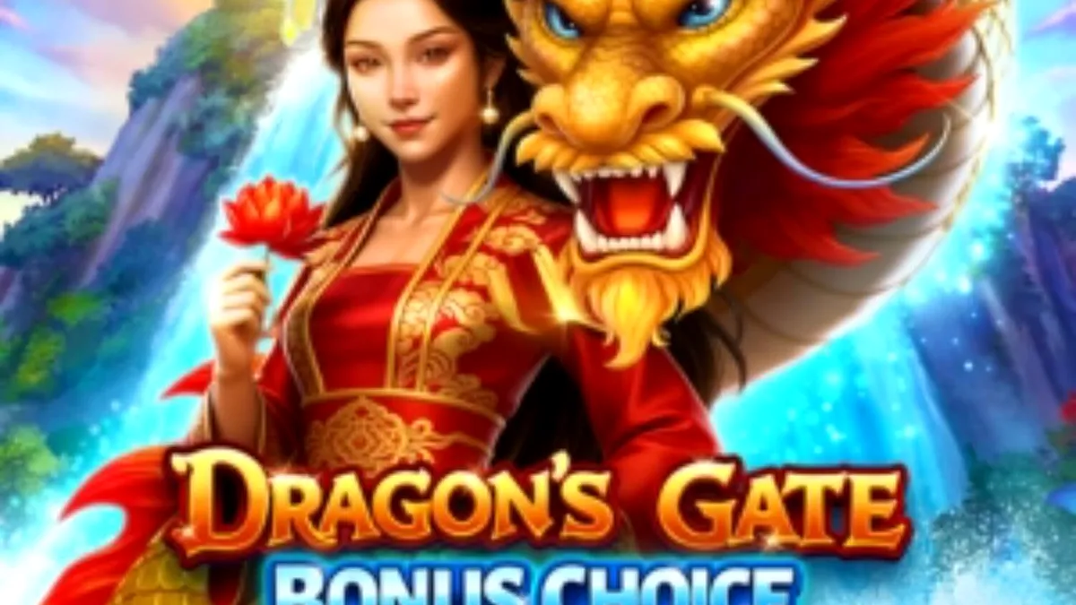 Dragon’s Gate Bonus Choice سلاٹ کا منظر جس میں ایشیائی ڈریگن اور سنہری سکے نمایاں ہیں۔
