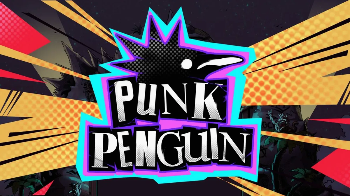 Punk Penguin سلاٹ گیم کا ایک منظر جس میں پینگوئن راک اسٹار کے روپ میں نظر آ رہے ہیں۔